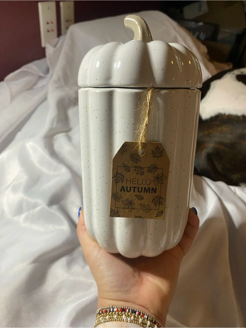 Blank Brand White Speckled Pumpkin Jar – Hello Autumn Decorative Canister